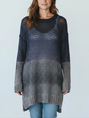 Reitmans Open-Knit Ombre Crew Sweater in Navy and Gray